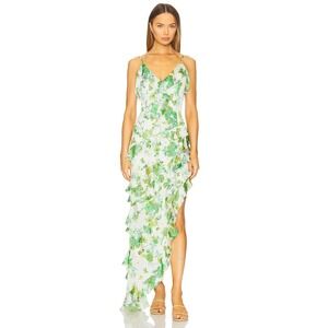 Elliatt Tess  Green Floral Ruffle Maxi Dress High Low Asymmetrical V-Neck size S